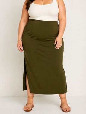NWT Old Navy Olive Green Ruched Side Slit Maxi Skirt Plus Size Stretchy Bodycon